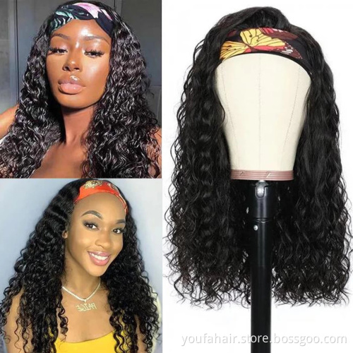 Wholesale 150 Density Deep Wave Curly Headband Wigs Raw Human Hair Wigs For Black Women Brazilian Virgin Hair Machine Made Wig